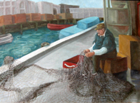 painting of fisherman on fisherman's wharf