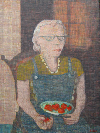 painting of grandmother capping strawberries